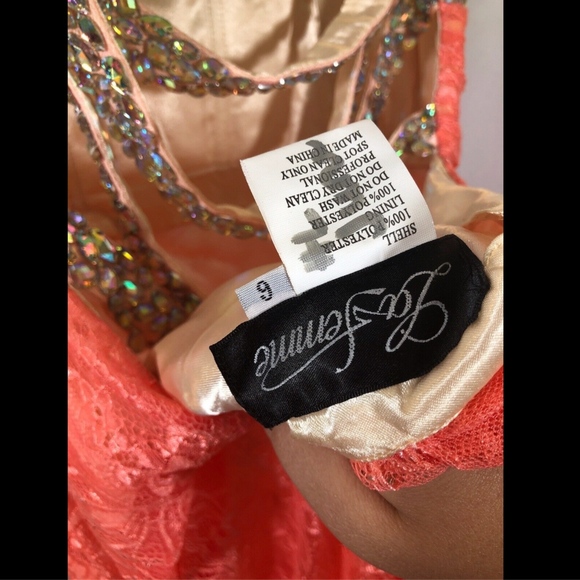 NEW La Femme [ 6 ] Embellished Jeweled Strapless‎ Lace Gown in Hot Coral - Picture 6 of 9